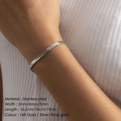 Trending Elegance: Women's Classic Snake Chain Bracelet in Gold Color, available in widths of 3/4/5MM. Crafted from Stainless Steel, this bracelet is a timeless and stylish jewelry gift for women.