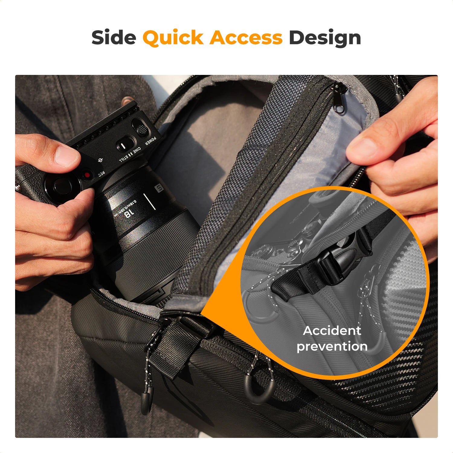 Hardshell Camera Crossbody Bag Sleek Photographer Sling Backpack, featuring camera in the pucket of the bag. 