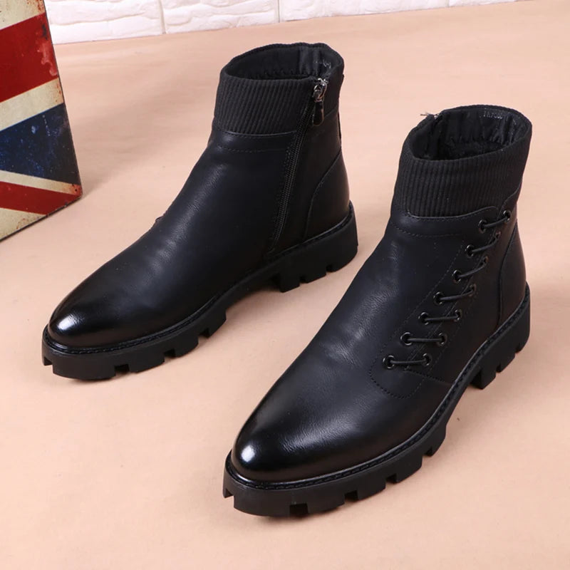 Italian Designer Men's Leather Cowboy Boots - Black Ankle Platform Shoes for Autumn/Winter