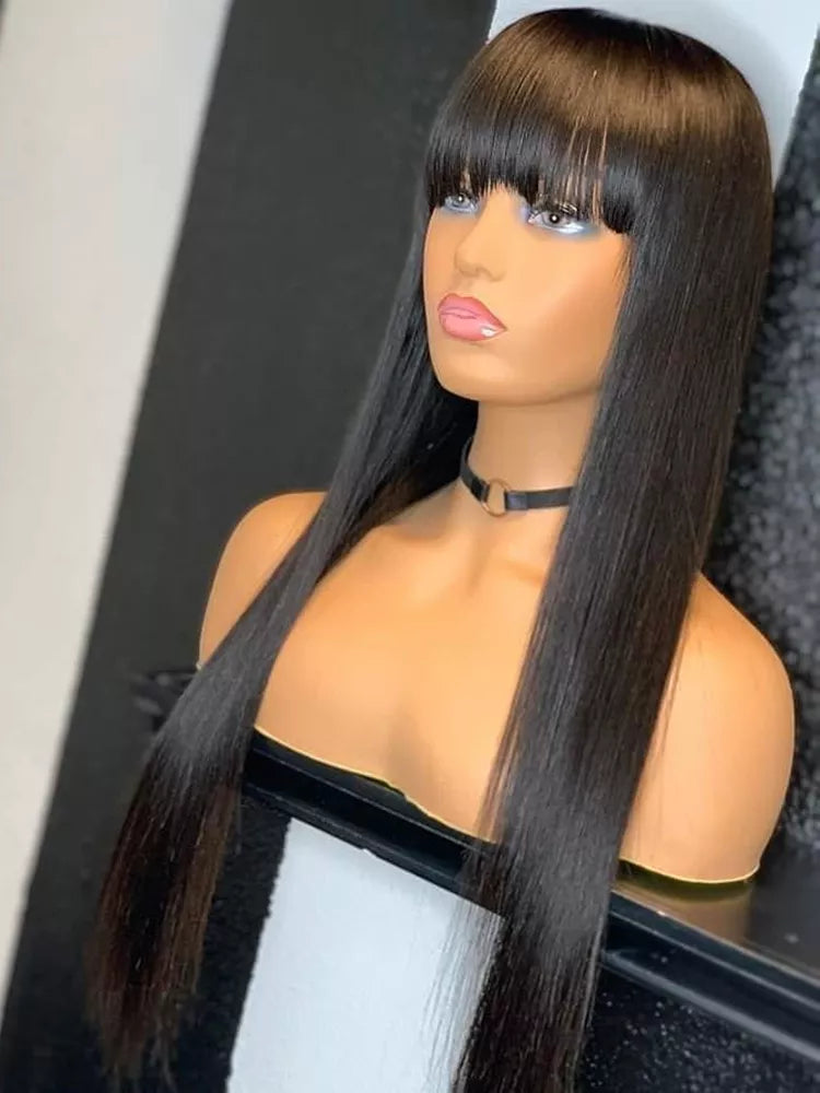 100% Human Hair Wig With Bangs - Short Bob Human Hair Wigs for Black Women. Affordable, Brazilian Straight Black Wig with a 30-Inch Long Fringe.