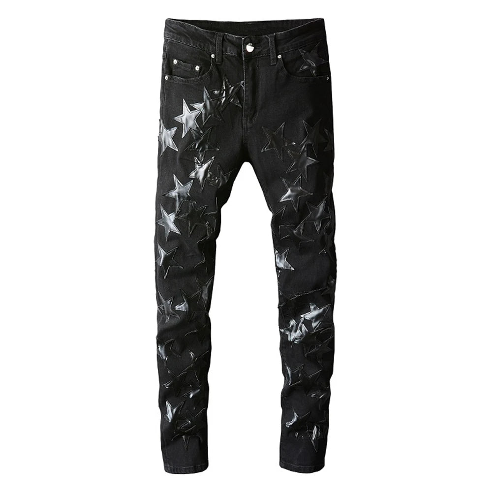 Men's Slim Fit Black Stretch Jeans with Leather Star Patchwork