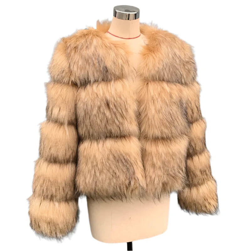 Luxurious Women’s Faux Raccoon Fur Coat – Short Plush Fluffy Jacket for Winter Fashion