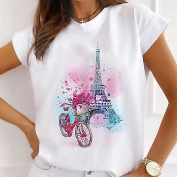 Fashion Heart Butterfly Flower Print T-Shirt - Summer Graphic Tee, Funny Crew Neck Top for Women