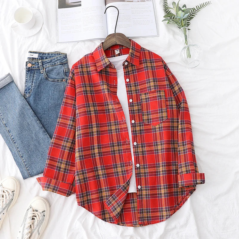 New Fashion Loose Women’s Plaid Shirt - College Style Long Sleeve Casual Blouse