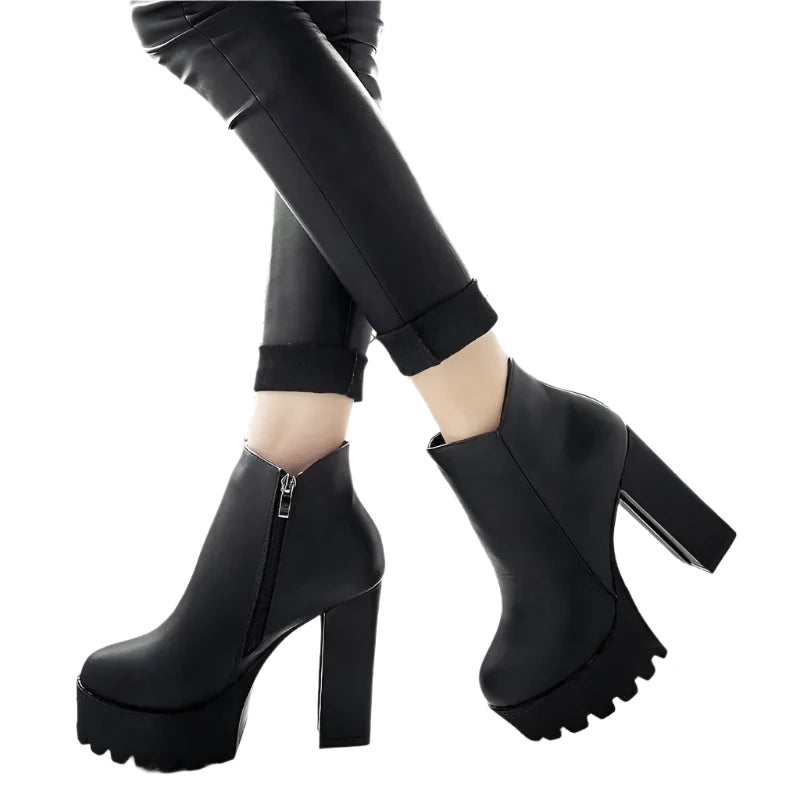 Women's Black Ankle Boots – Side Zipper, 12cm Thick High Heel Platform Winter Fashion Shoes