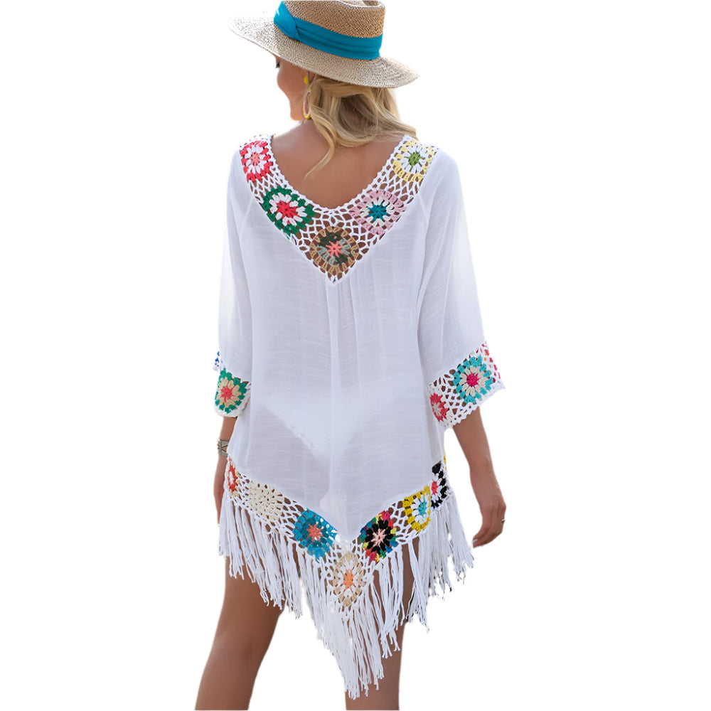 Women’s White Crochet Bikini Cover-Up – Fringe Trim Hollow Out Tunic Beach Dress for Summer Swimwear & Bathing Suit Layering