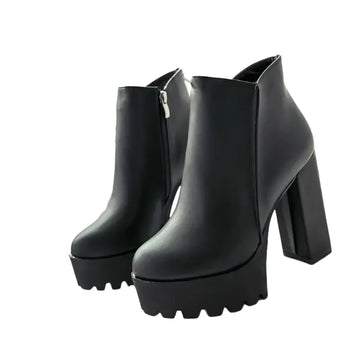 Women's Black Ankle Boots – Side Zipper, 12cm Thick High Heel Platform Winter Fashion Shoes