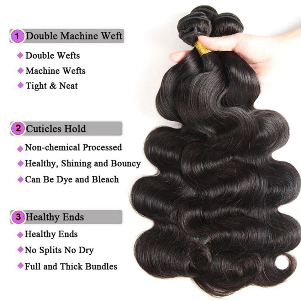 Brazilian Body Wave in 3/4 Bundles with a 4x4 Closure – 100% Human Hair Bundles with Lace Closure