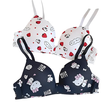 white and black hello kitty women’s sexy bra  no-wire push-up cartoon lingerie, breathable gathered underwear, perfect gift for women on a white background