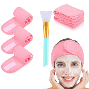 Set of 3 Adjustable Facial Headbands with 1 Mask Brush – Ideal for Yoga, Spa, Bath, Shower, Makeup, Face Washing, and Other Cosmetic Applications. Complete Your Makeup Accessories Collection