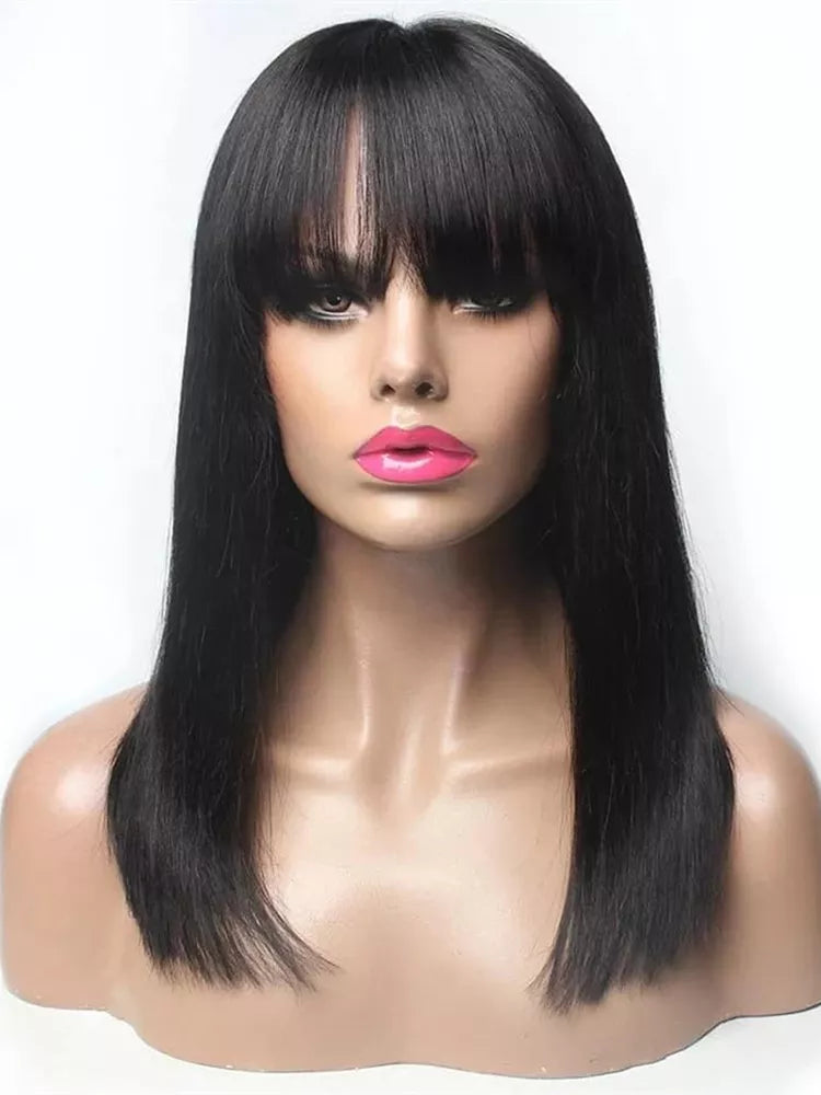 100% Human Hair Wig With Bangs - Short Bob Human Hair Wigs for Black Women. Affordable, Brazilian Straight Black Wig with a 30-Inch Long Fringe.
