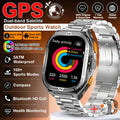 Smartwatch with metallic band on a brown background with feature text.