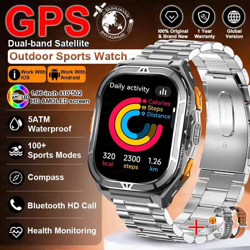 Smartwatch with metallic band on a brown background with feature text.