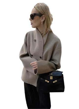 Women's Retro Woolen Coat – Loose Fit, Double-Breasted Short Jacket with Stand Collar, Office Lady Outerwear for Autumn/Winter