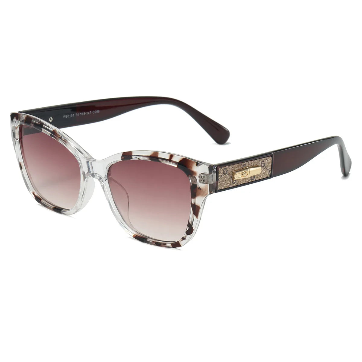 Sunglasses with tortoiseshell frame and gradient lenses on a white background