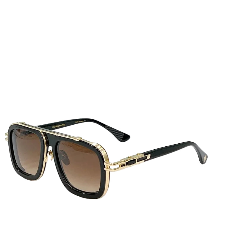 Sunglasses with black frame and brown lenses on a white background
