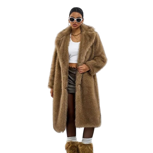 Person wearing a long brown fur coat on a white background