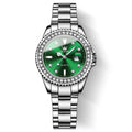 Luxury inspired women’s diamond dial watch with green face, stainless steel bracelet, crystal bezel, date display, and waterproof steel design on a white background