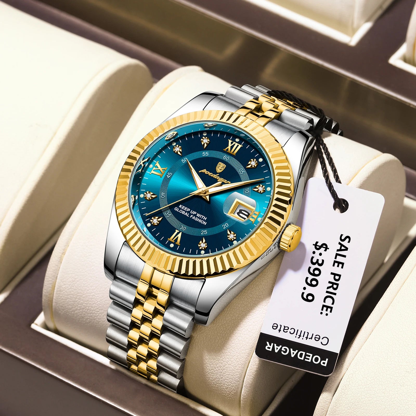 Luxury Inspired  men’s waterproof watch with gold and silver steel band, blue dial, luminous hands, Roman numerals, date display, and luxury gift box presentation