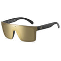 Sunglasses with gold reflective lenses and black frames on a white background