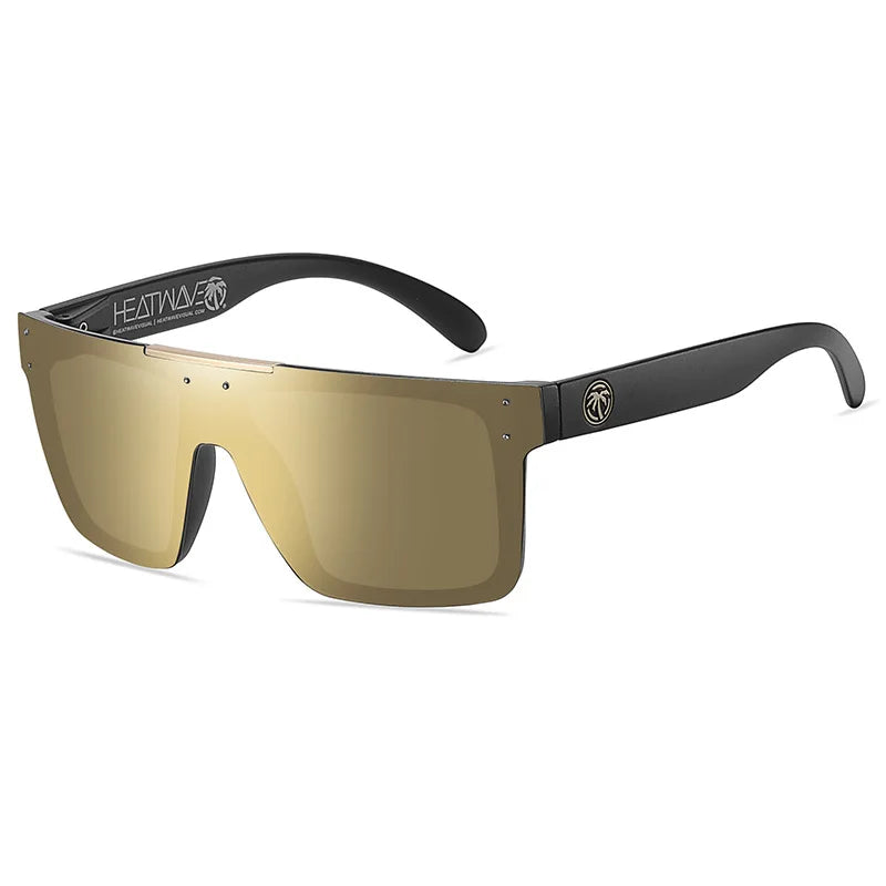 Sunglasses with gold reflective lenses and black frames on a white background