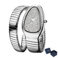 Luxury snake shape women’s watch with silver expandable bracelet, crystal dial, diamond bezel, and sleek shiny luxury design on a white background