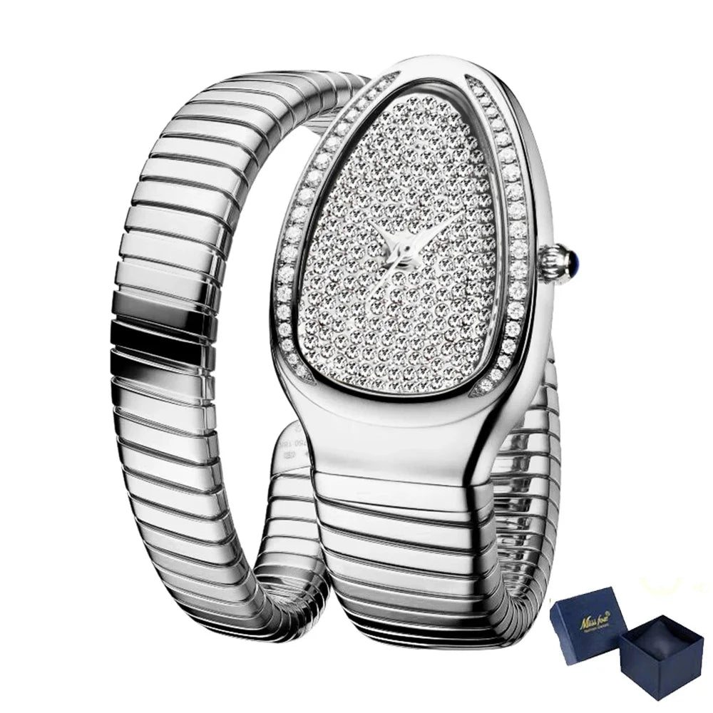 Luxury snake shape women’s watch with silver expandable bracelet, crystal dial, diamond bezel, and sleek shiny luxury design on a white background