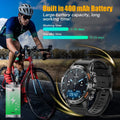 Cyclist wearing men’s all-in-one smartwatch with Bluetooth calling, fitness tracking, waterproof design, and 400mAh battery highlighting long working and standby time