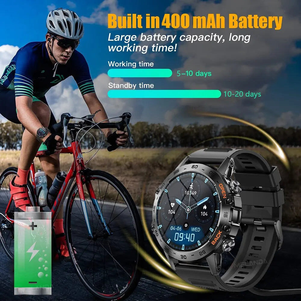 Cyclist wearing men’s all-in-one smartwatch with Bluetooth calling, fitness tracking, waterproof design, and 400mAh battery highlighting long working and standby time