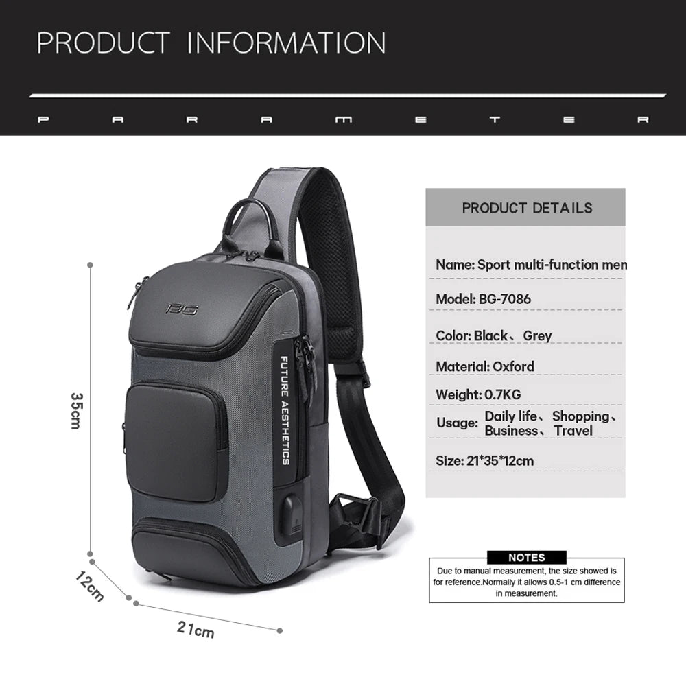 Men’s Anti-Theft Sling Bag Waterproof Crossbody Travel Pack labeling on a white background