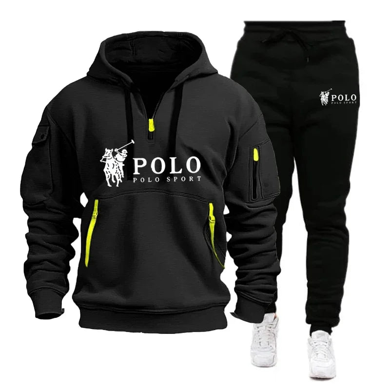 Black hoodie and pants set with Polo Ralph Lauren logo on a white background