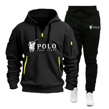 Black hoodie and pants set with Polo Ralph Lauren logo on a white background