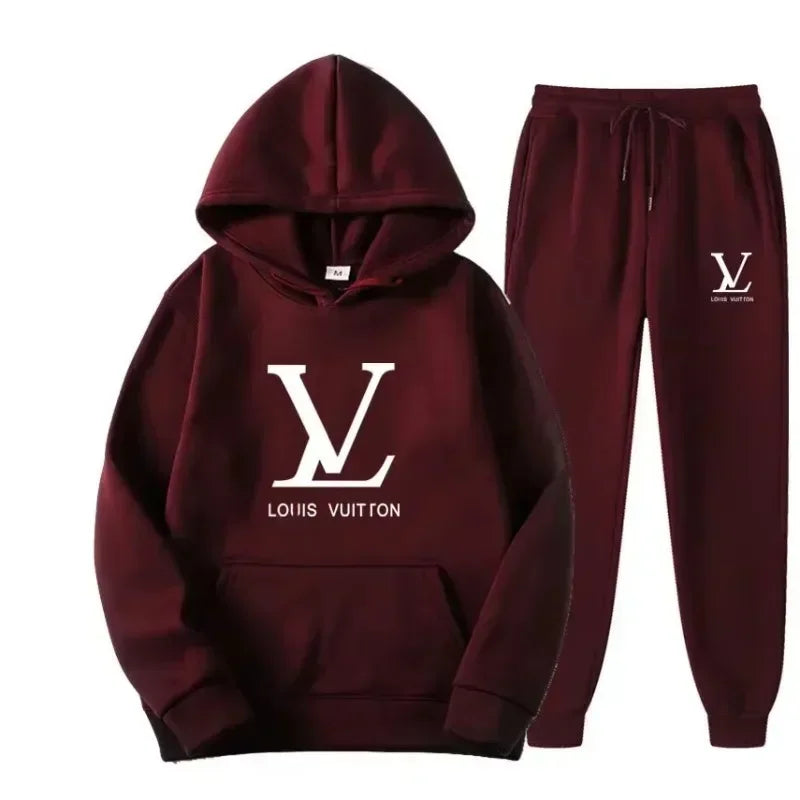 Maroon hoodie and pants set with Louis Vuitton logo on a white background
