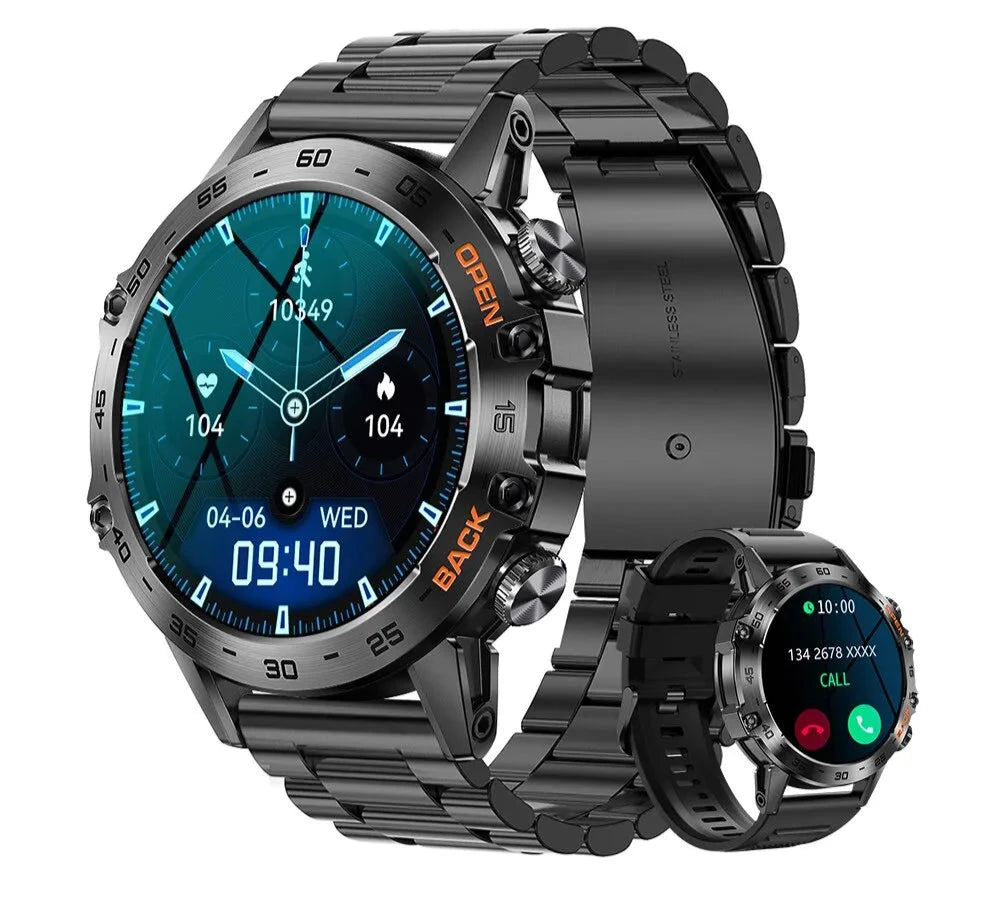 A digital smartwatch with a black band and case, featuring a colorful digital display showing time, date, and various fitness tracking indicators on a white background