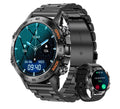 A digital smartwatch with a black band and case, featuring a colorful digital display showing time, date, and various fitness tracking indicators on a white background