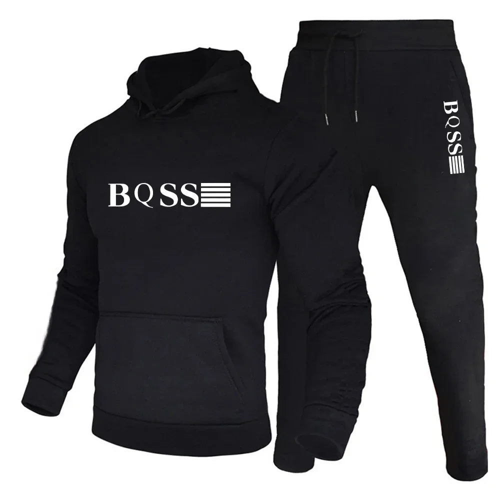 Black hoodie and pants set with 'BOSS' logo on a white background