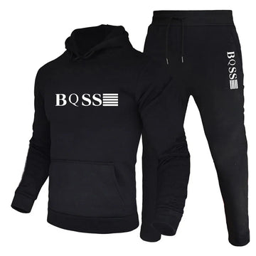 Black hoodie and pants set with 'BOSS' logo on a white background