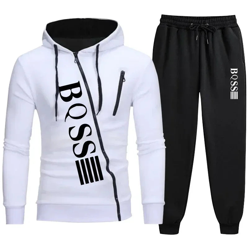 White hoodie and black pants with 'BOSS' branding on a white background