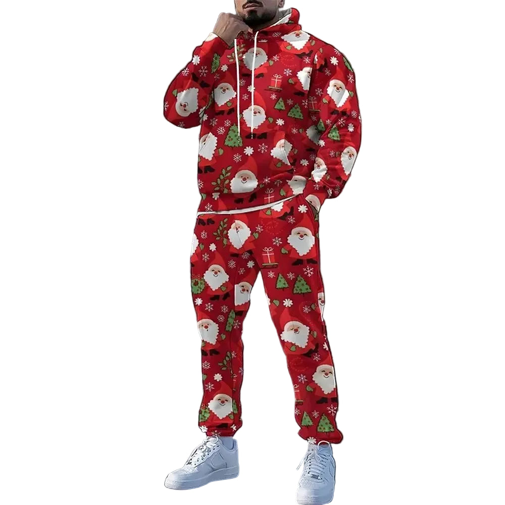 Red Christmas-themed hoodie and pants set with Santa Claus and presents on a white background