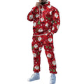 Red Christmas-themed hoodie and pants set with Santa Claus and presents on a white background