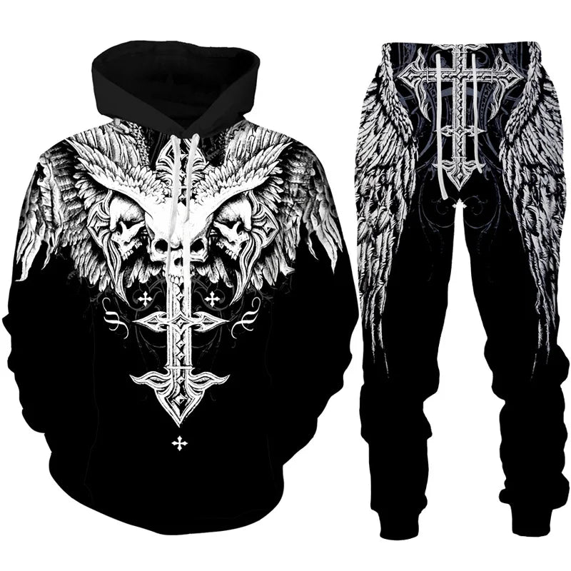 Black hoodie and pants set with white intricate designs on a white background