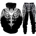 Black hoodie and pants set with white intricate designs on a white background