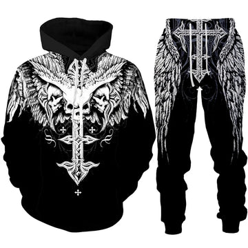 Black hoodie and pants set with white intricate designs on a white background