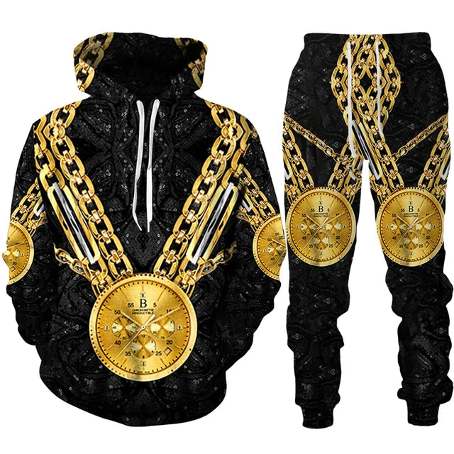 Black hoodie and pants set with gold chains and clocks on a white background