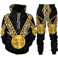 Black hoodie and pants set with gold chains and clocks on a white background