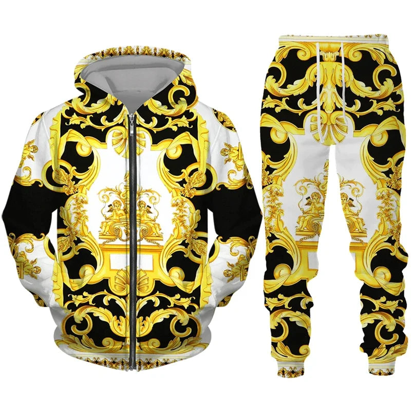 Gold and black patterned hoodie and pants set on a white background