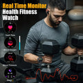 Man lifting dumbbells wearing a smartwatch showing heart rate, blood oxygen, blood pressure, and sleep tracking, highlighting Bluetooth call fitness and waterproof features