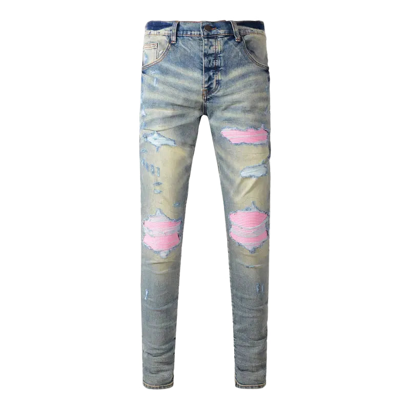 men ripped jeans, men slim fit jeans, men stretch jeans, men distressed jeans, men retro jeans, men patchwork jeans, men leather patch jeans, men red patch jeans, men washed denim jeans, men high street jeans, men streetwear jeans, men casual jeans, men fashion jeans, men vintage jeans, men destroyed jeans, men slim denim pants, men pencil jeans, men mid waist jeans, men button fly jeans, men cotton spandex jeans,
