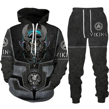 Viking-themed hoodie and pants set with dragon design on a white background