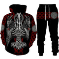 Viking-themed hoodie and pants set with raven, wolf, and Thor's hammer design.